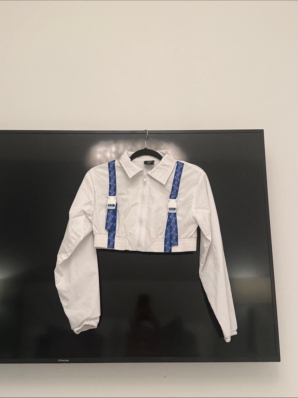 LF White Cropped Utility Jacket with Blue Strap Details
